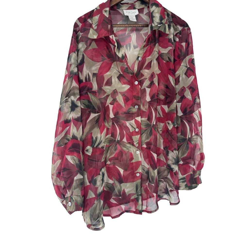 JORDANS long Sleeve blouse button up sheer floral plus size 2x cover up fairy‎